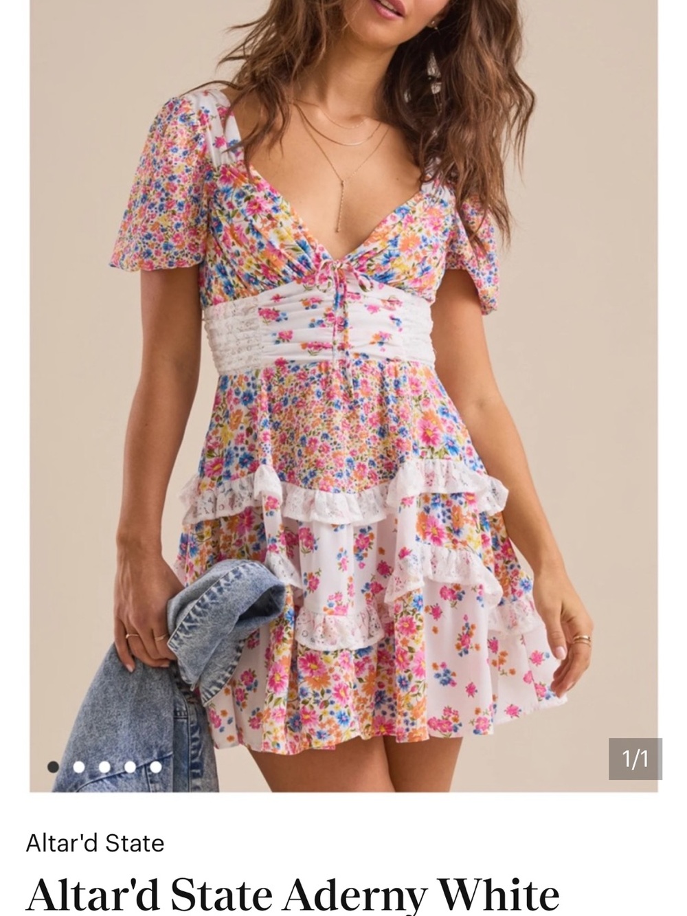 Altar'd State White Floral Tiered Mini Dress aderny XS like new puff sleeve ruff